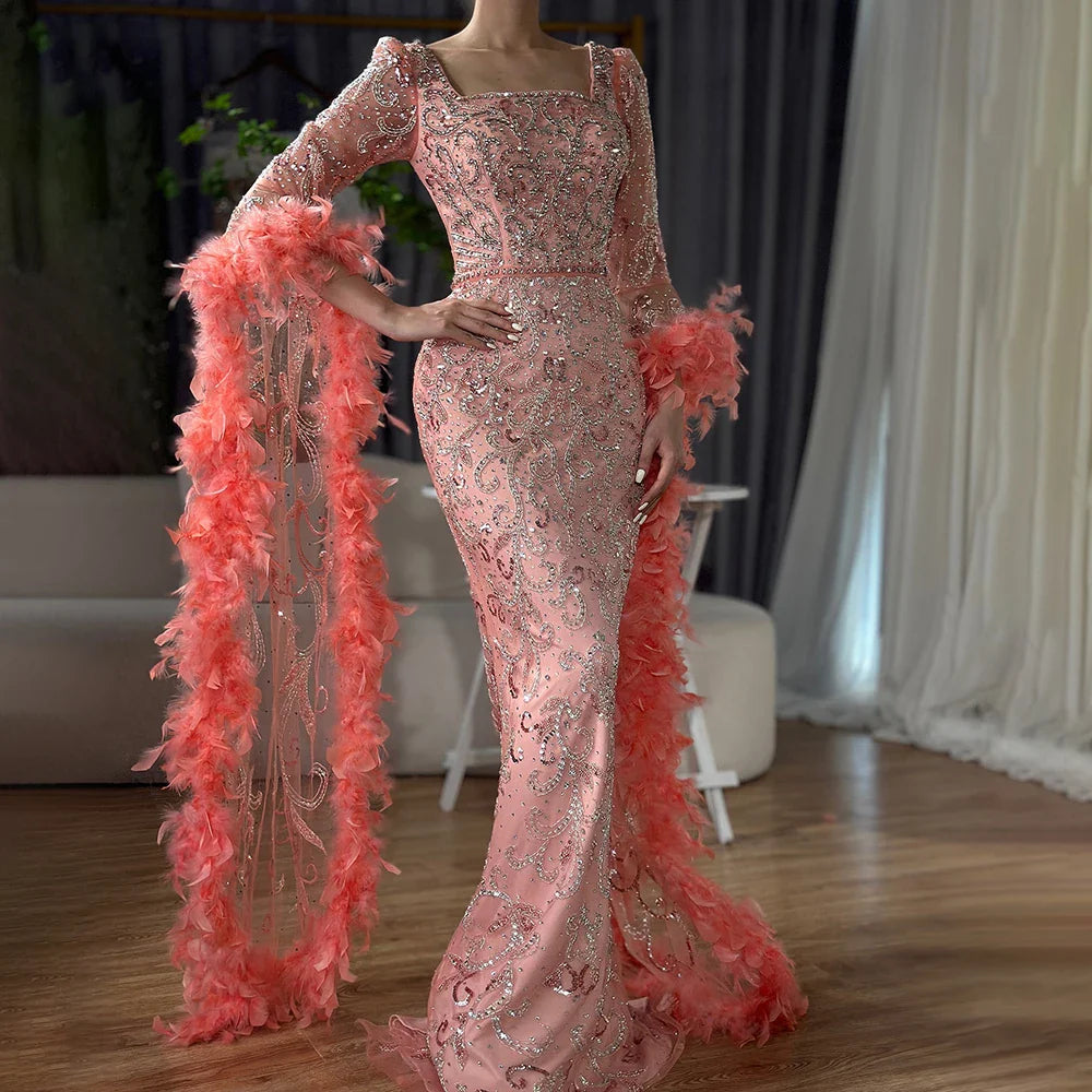 Luxuriöses Dubai-Abendkleid mit ausgestellten Ärmeln, Meerjungfrau-Stil, türkisfarbenen Perlen und Federn, für formelle Anlässe, LA72767