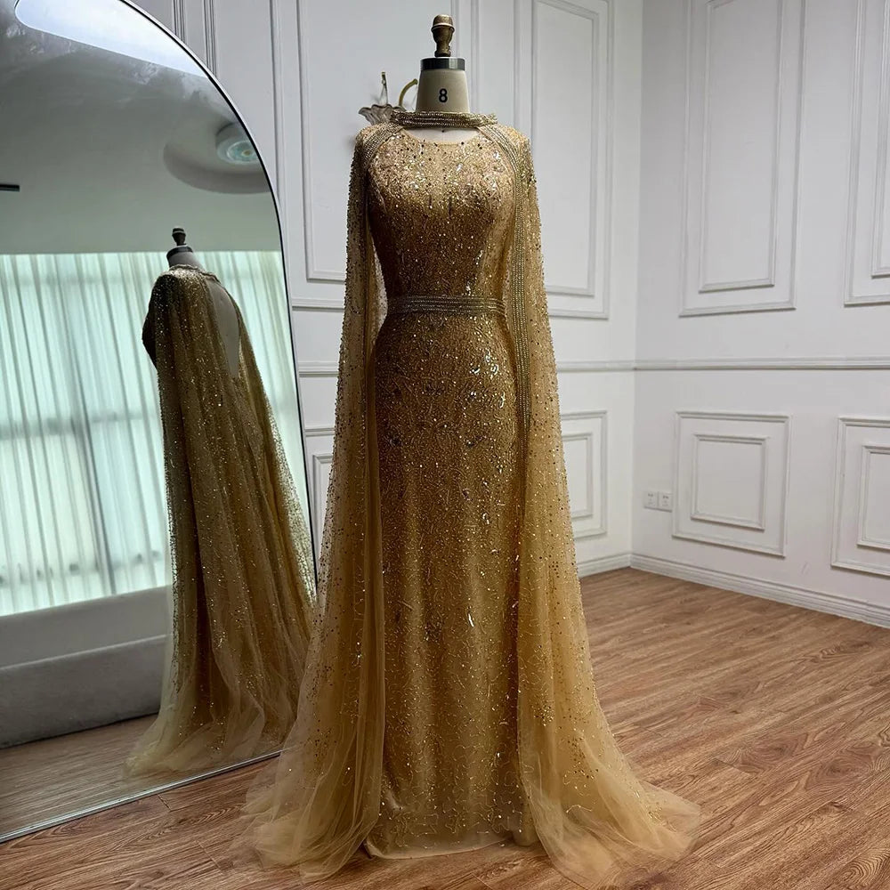 Luxury Gray Arabic Mermaid Evening Dress with Cape LA72180