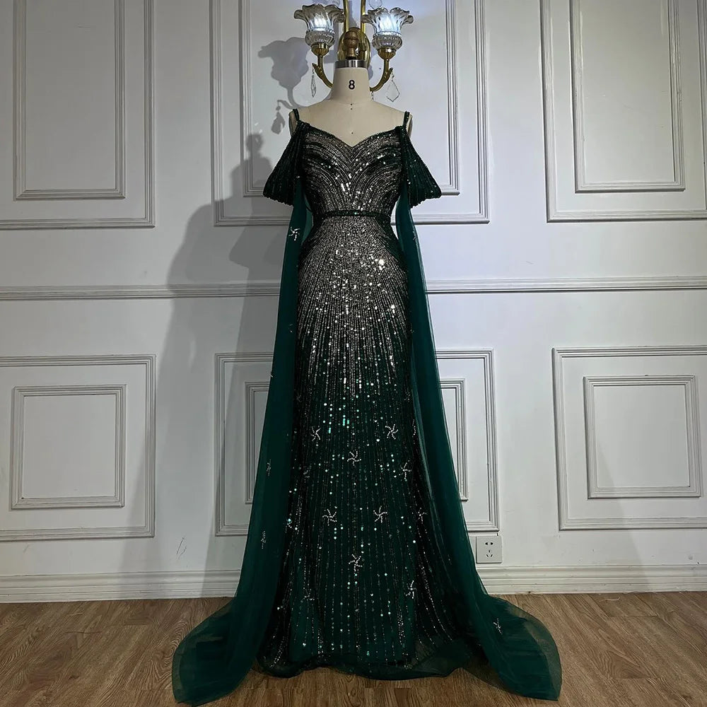 Serene Hill Spaghetti Strap Blue Mermaid Beaded Luxury Evening Dress with Cape Sleeves for Formal Occasion Saudi LA72707