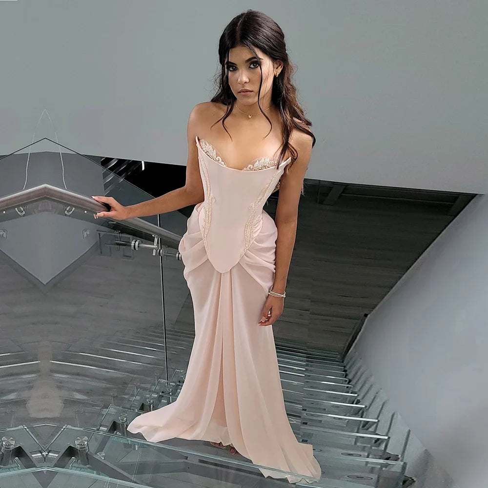 Luxury Pink Handmade Chiffon Mermaid Evening Gown Corset LA72946