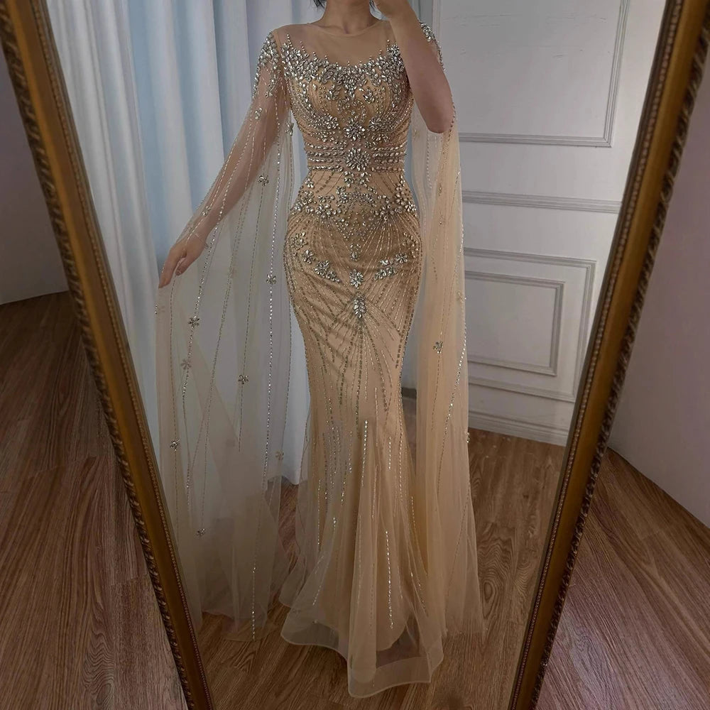 Luxury Pink Saudi Arabic Crystal Beaded Mermaid Evening Dress with Cape Sleeves LA73137