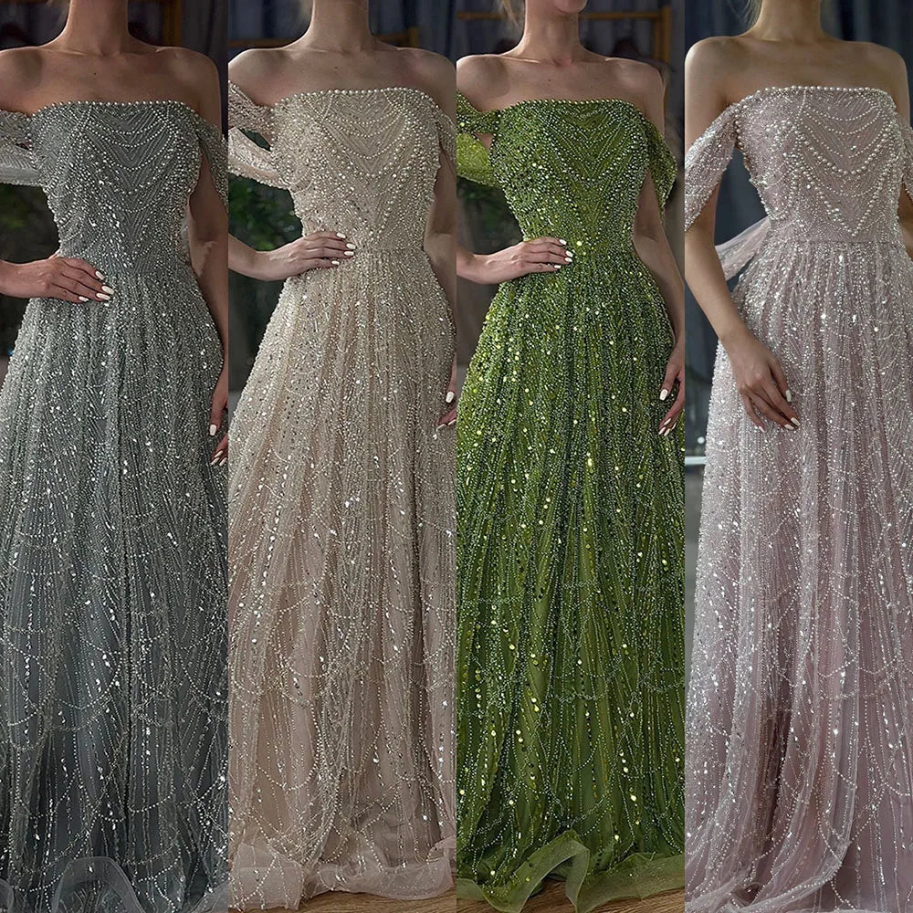 Luxury Beaded Champagne Off-Shoulder Evening Dress LA72738