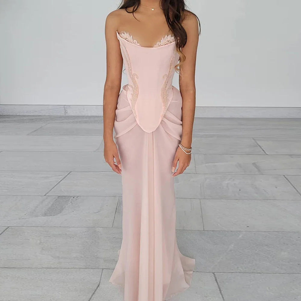 Luxury Pink Handmade Chiffon Mermaid Evening Gown Corset LA72946