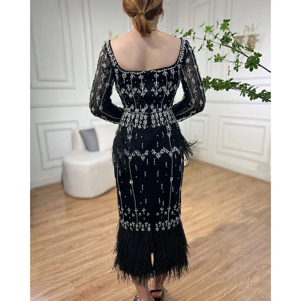 Luxury Black Feathers Midi Evening Dress with Long Sleeve LA71492AM
