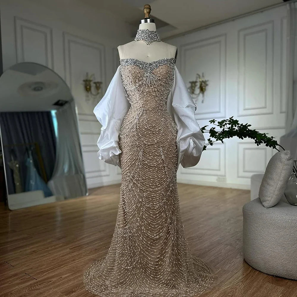 Luxury White Nude Beaded Mermaid Evening Dress LA72802
