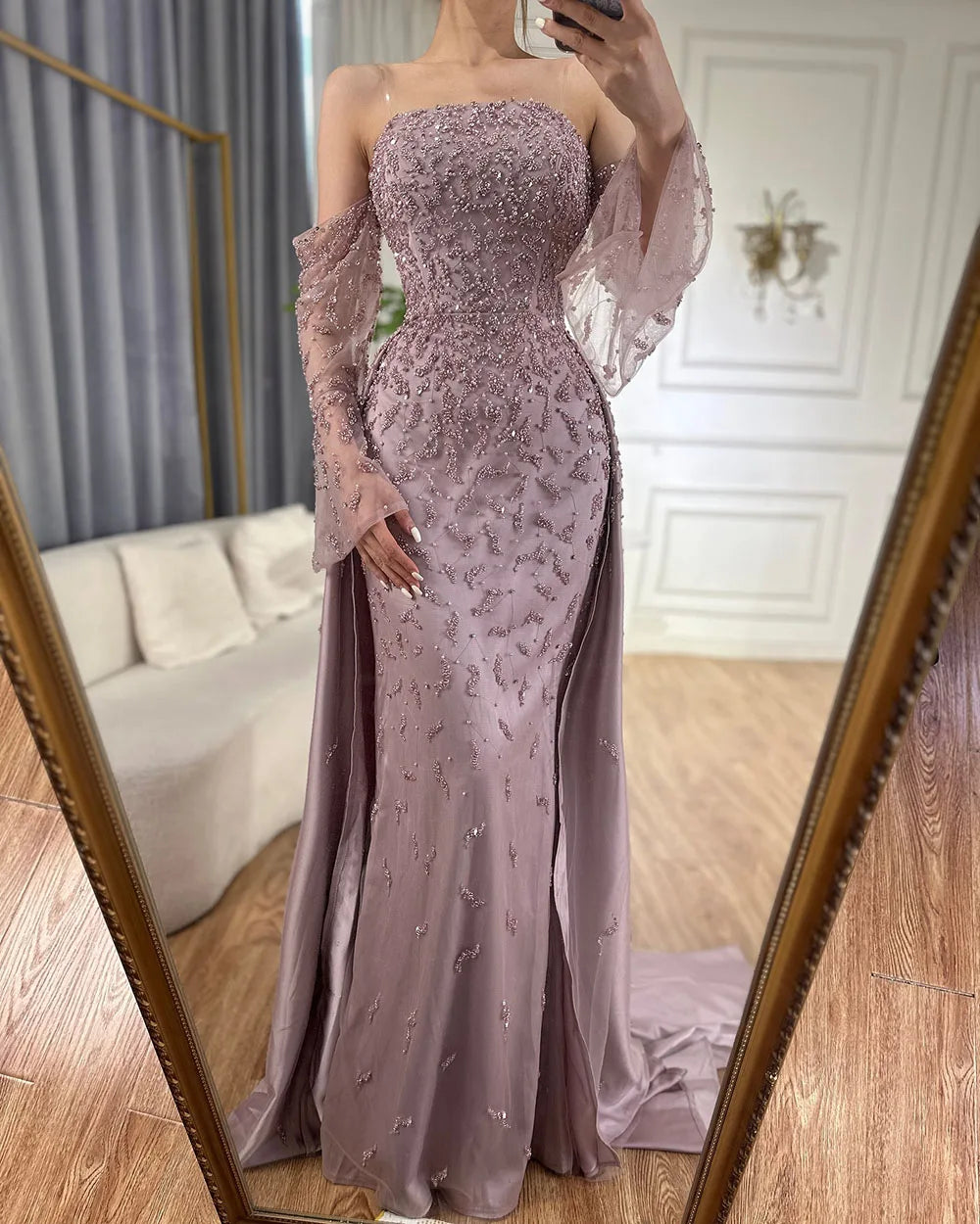 Dubai Luxury Blue Beaded Pearls Evening Gown with Overskirt LA72705