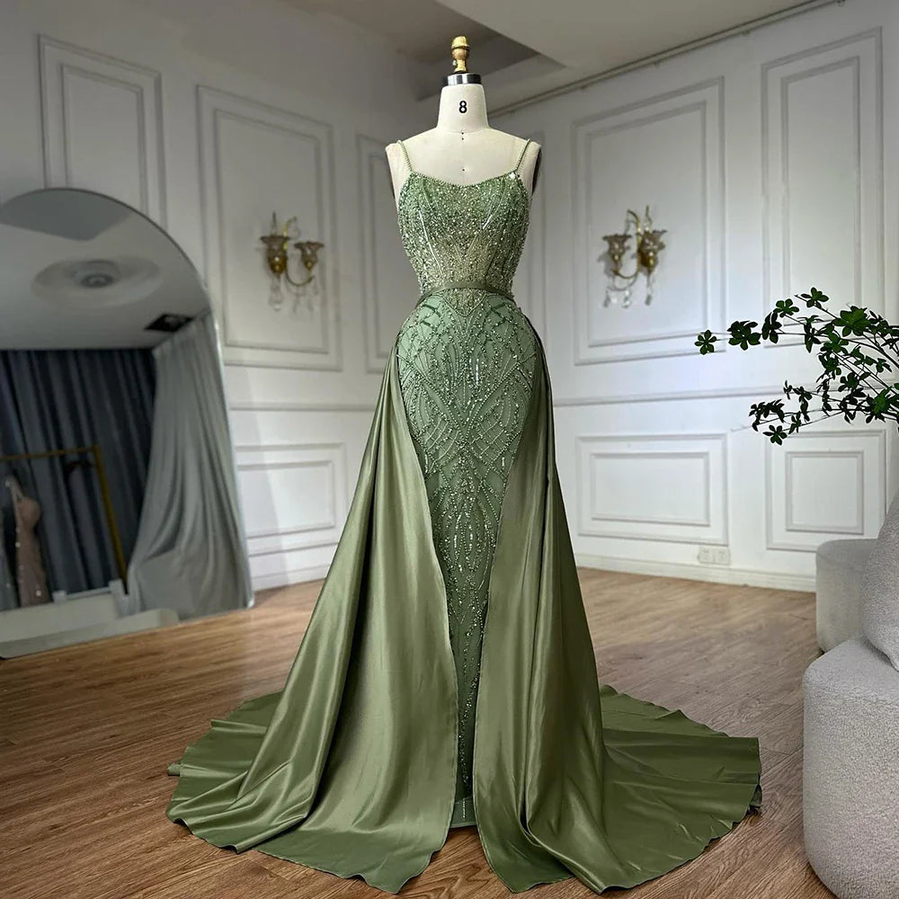 Sage Green Beaded Evening Dress Detachable Overskirt Party LA72733A