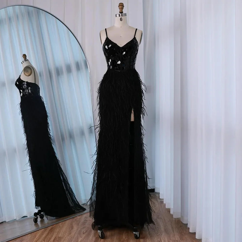 Luxury Peacock Blue Feather Evening Dress with Mirror Beaded Bodice LA73008