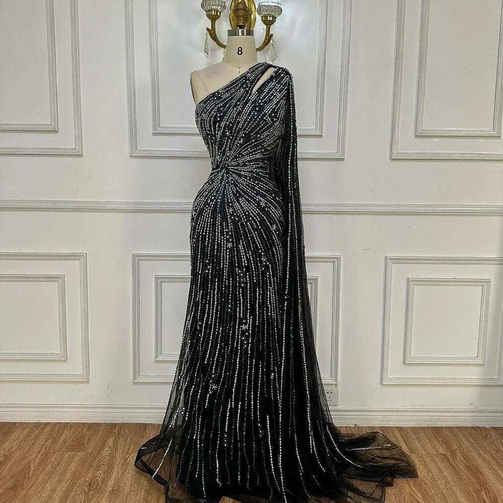 Luxury Black One Shoulder Mermaid Evening Dress with High Slit LA72829