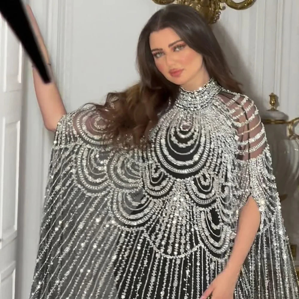 Luxury Silver Nude Beaded Mermaid Evening Dress with Cape LA72484A