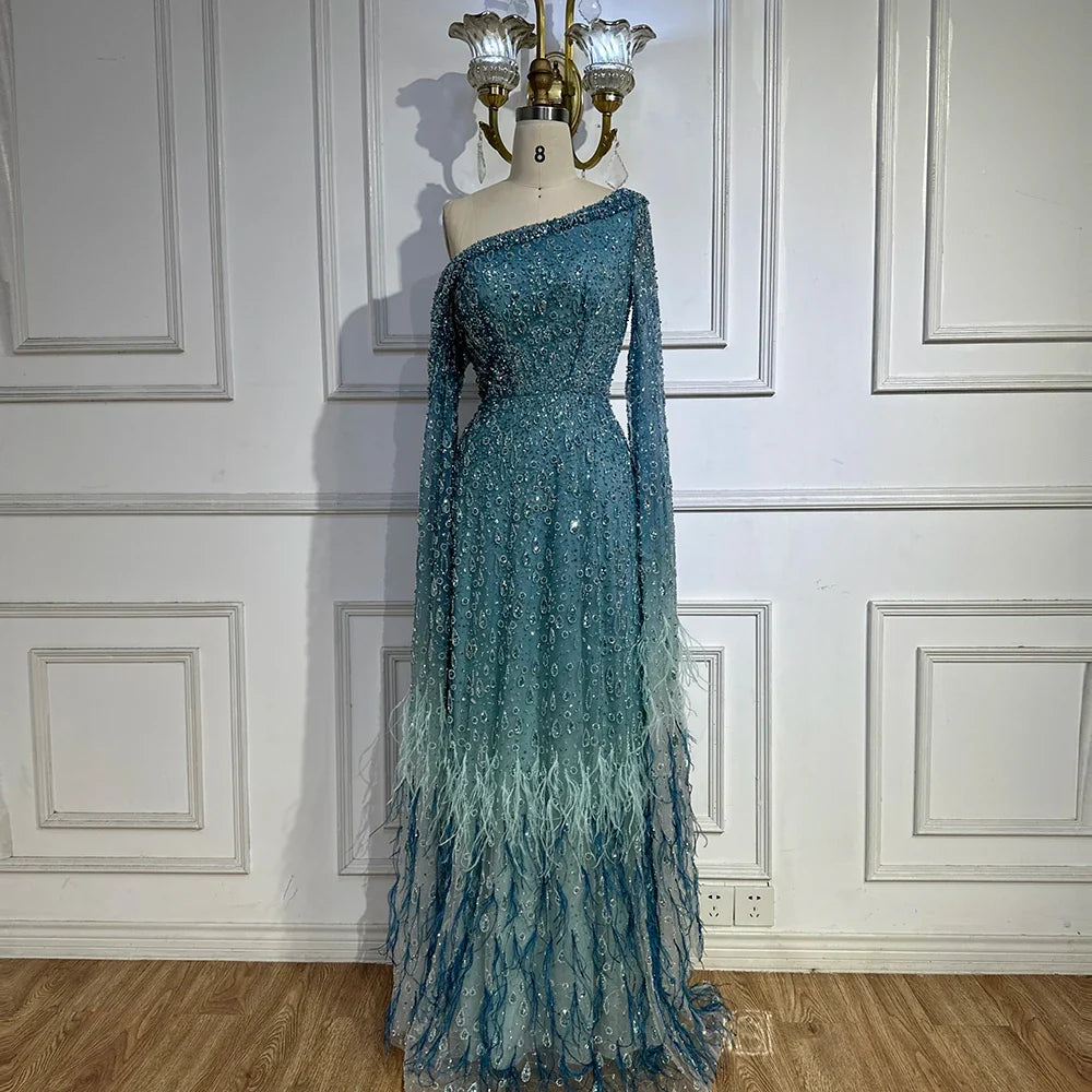 Luxury Feather One Shoulder Evening Dress with Cape Sleeves LA72763