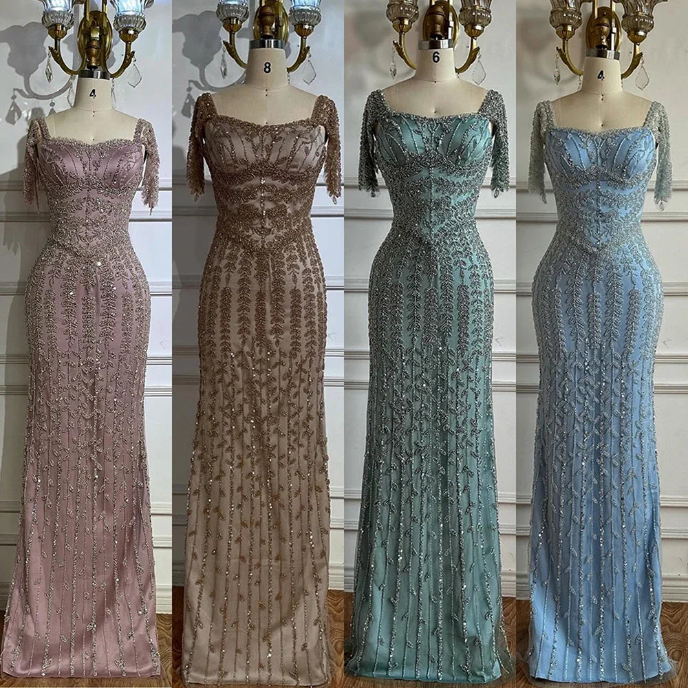 Pink Mermaid Beaded Evening Dress with Short Sleeves LA72787
