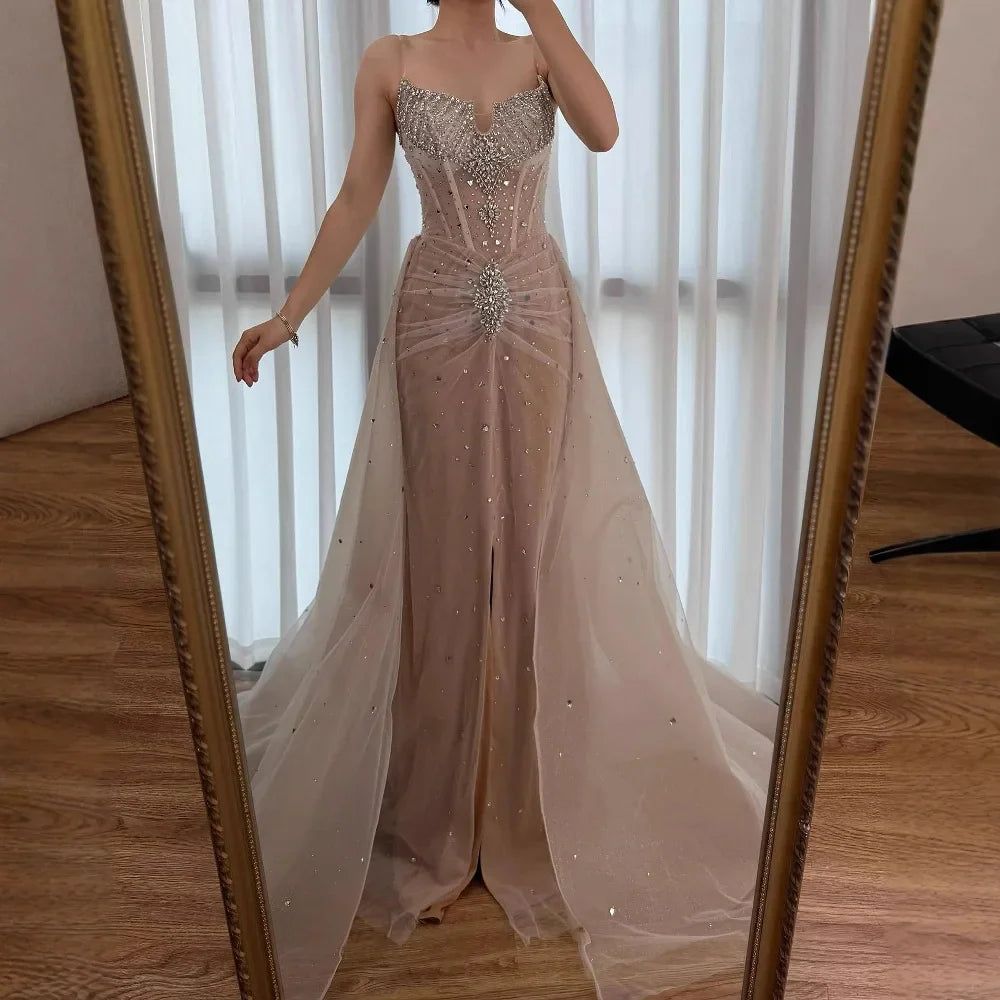 Luxury White Nude Beaded Evening Dress with Overskirt LA73107