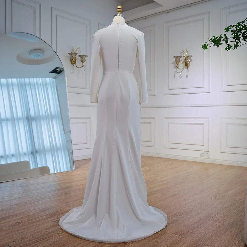 Elegant White Floral Beaded Evening Dress with Slit LA73030