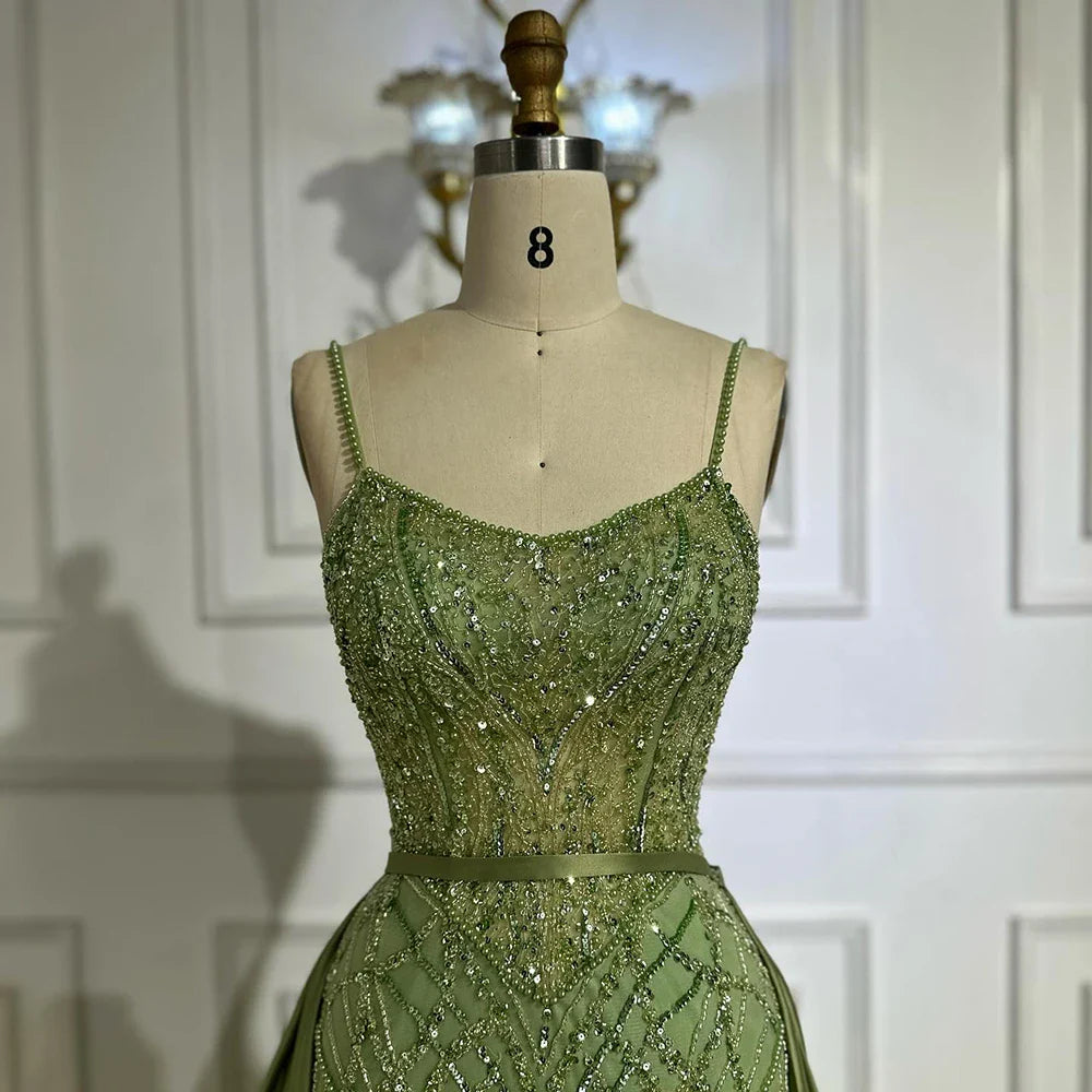 Sage Green Beaded Evening Dress Detachable Overskirt Party LA72733A