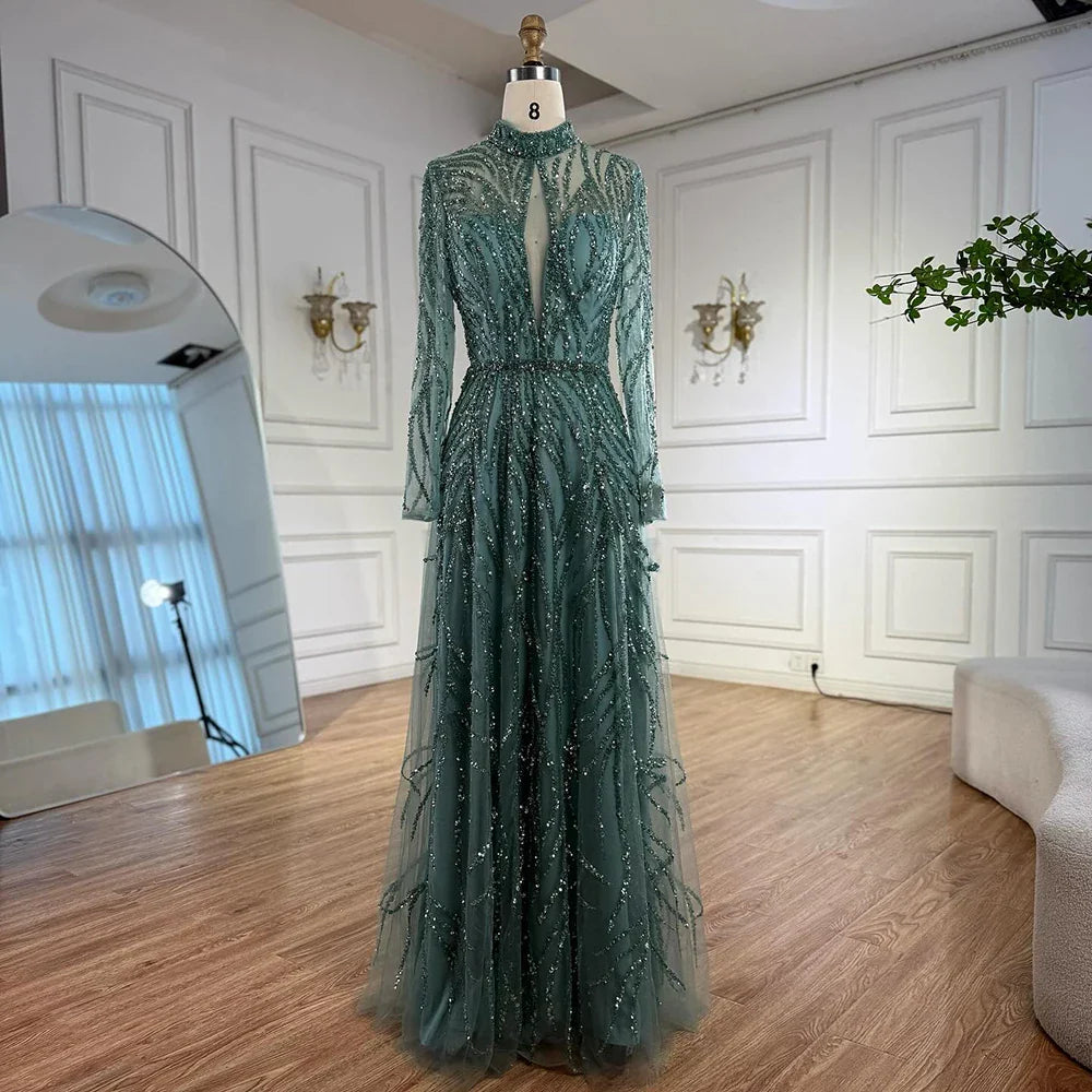 Elegant High Neck A-Line Beaded Evening Dress LA71682A