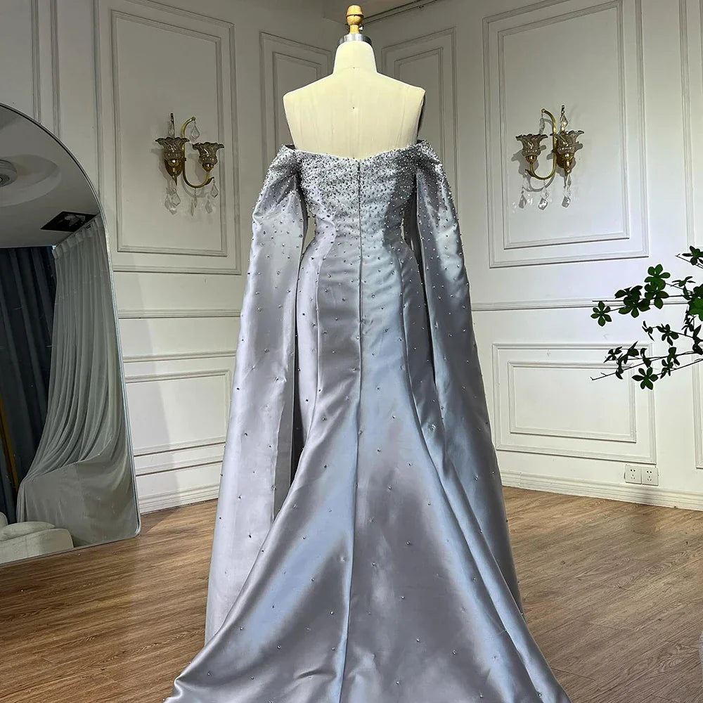 Luxury Dubai Luxury Off Shoulder A Line Gray Satin Evening Gown Pearl Beaded for Formal Occasion LA72779