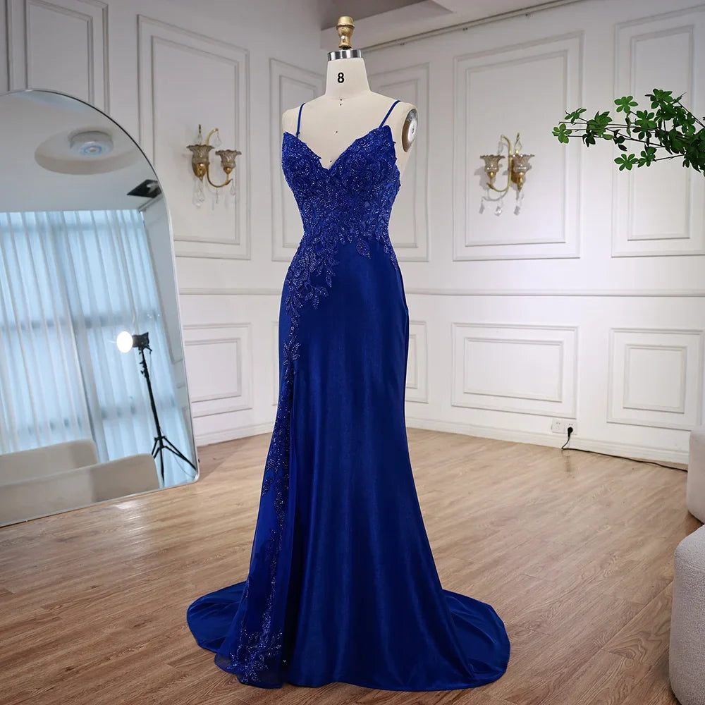 Luxury Navy Blue Lace Slit Prom Dress with Spaghetti Straps LA73041