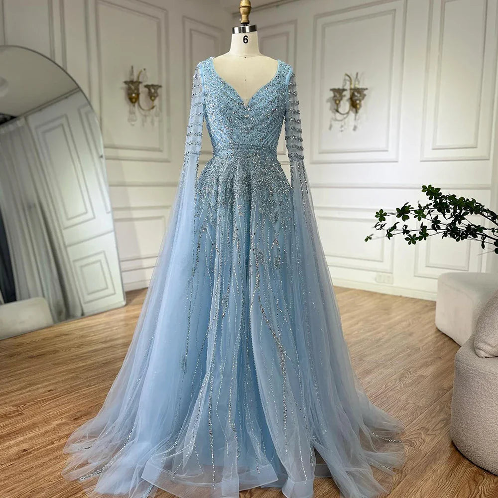 Luxury Dubai Arabic Caramel Elegant A-Line Beaded Long Evening Dresses Gowns with Cape Sleeves for Formal Occasion LA72750