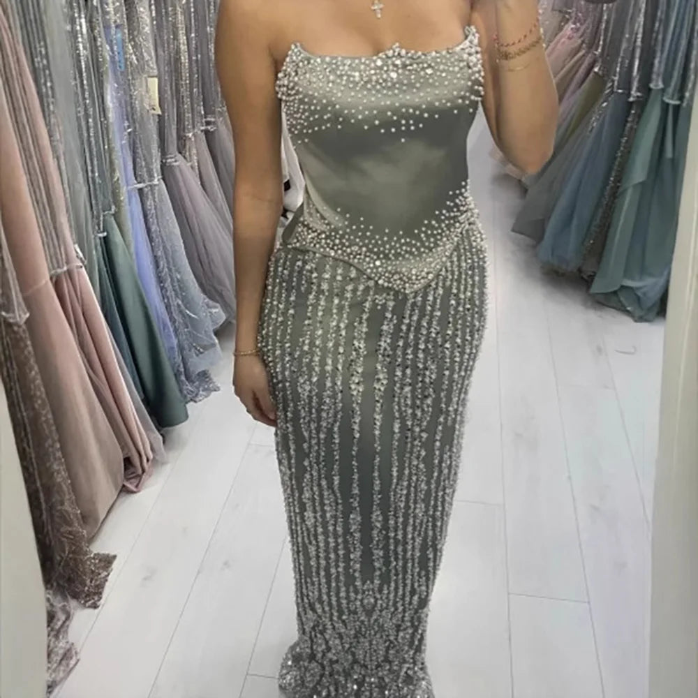 Glamorous Strapless Mermaid Evening Dress with Pearls LA73070