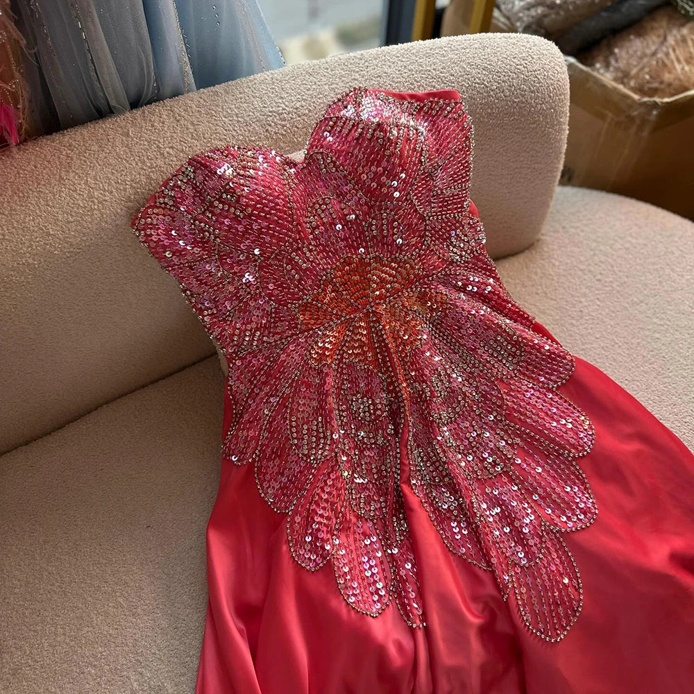 Luxury Pink Satin A-Line Beaded Evening Dress LA72195A