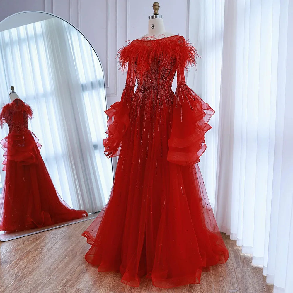 Luxury Red Feathered A-Line Evening Dress with Puffy Sleeves LA73080