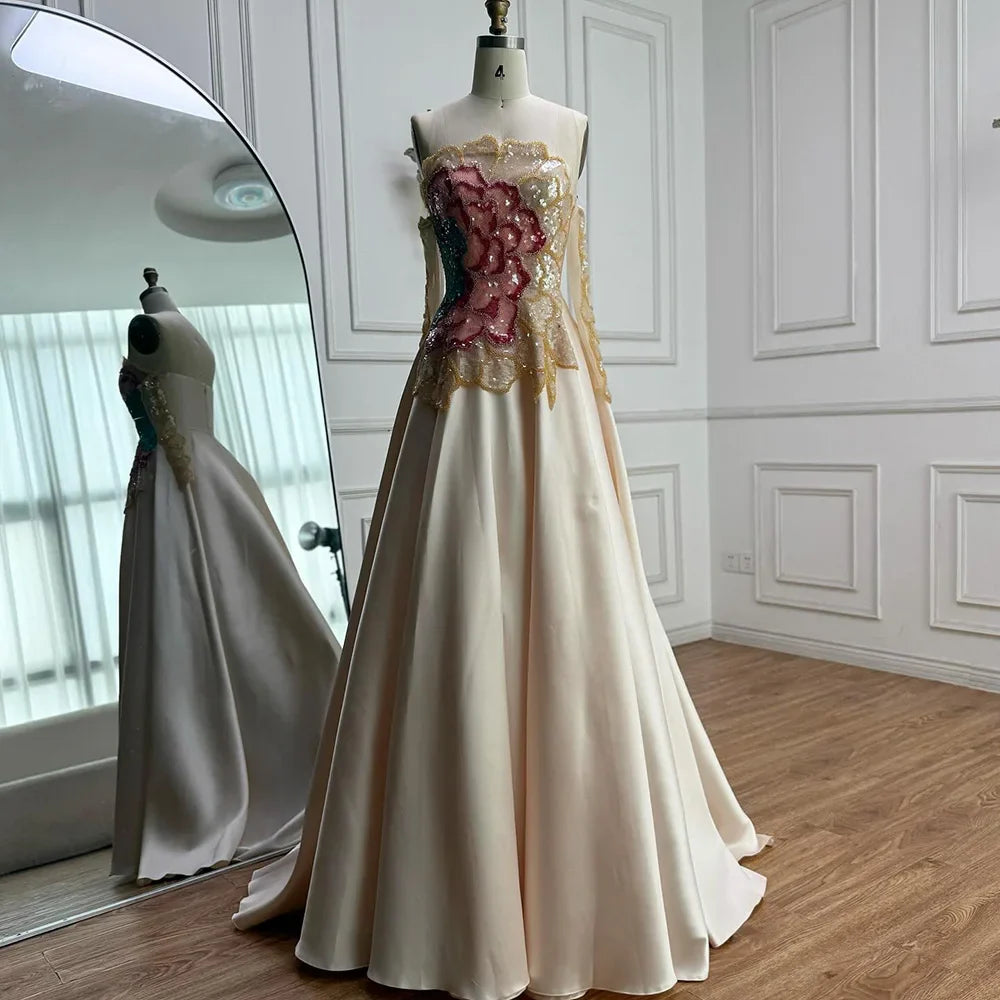 Luxury Chic Arabic Designer Beaded Satin A-Line Evening Dress LA72195B