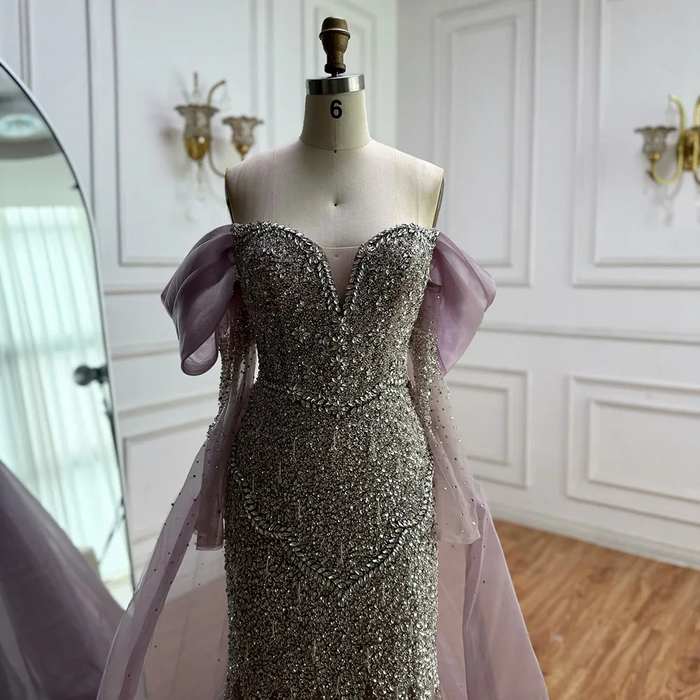 Luxury Nude Beaded Mermaid Evening Dress With Overskirt LA72879