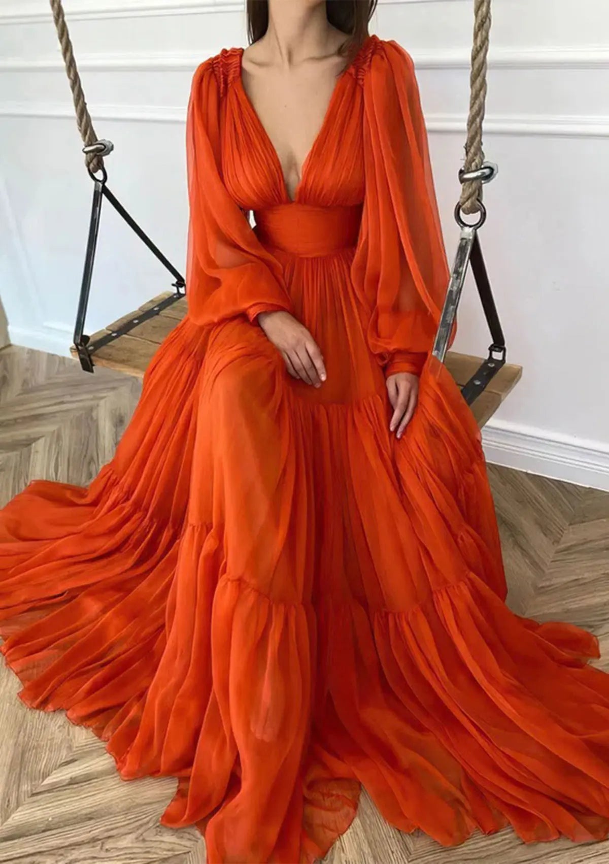 Serene Hill Arabic Red A-Line Long Sleeve Floor-Length Chiffon Prom Dress with Pleats for Women's Party LA72688