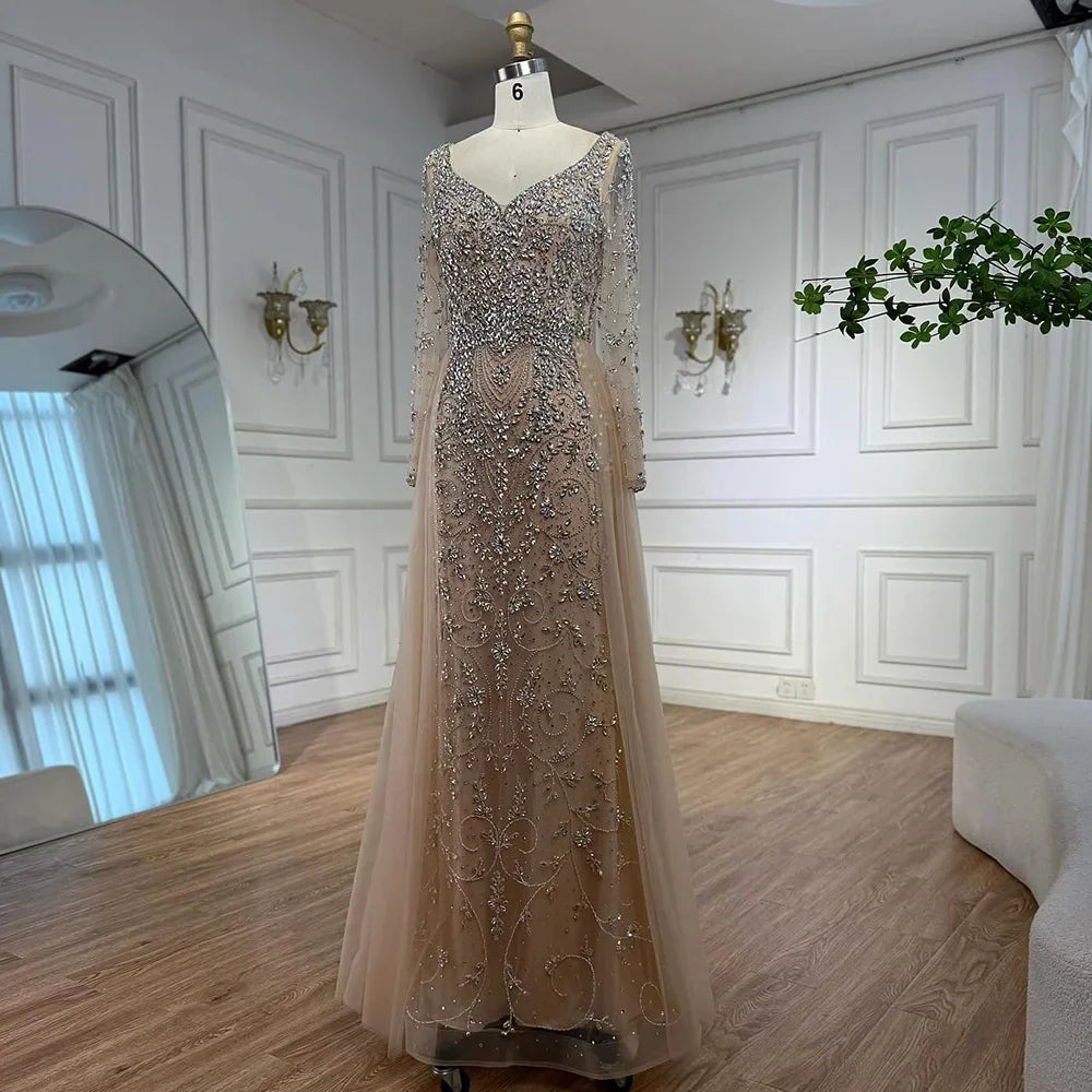 Luxury Nude Beaded Mermaid Evening Dress with Overskirt LA73042A