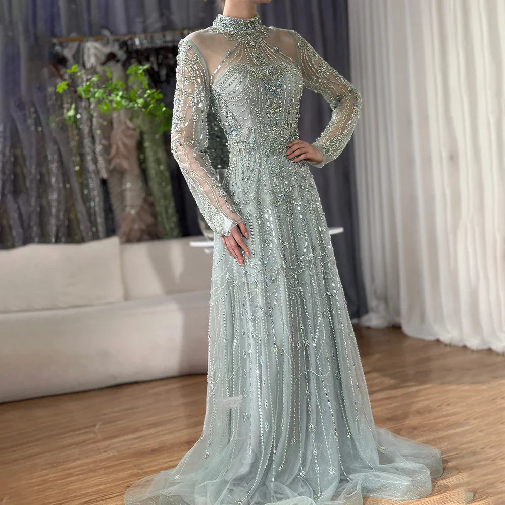 Modest A-Line Blue Lace Beaded Evening Gown LA72704
