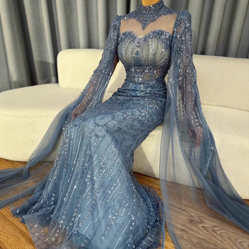 Modest Blue Mermaid Evening Dress with Cape LA73006