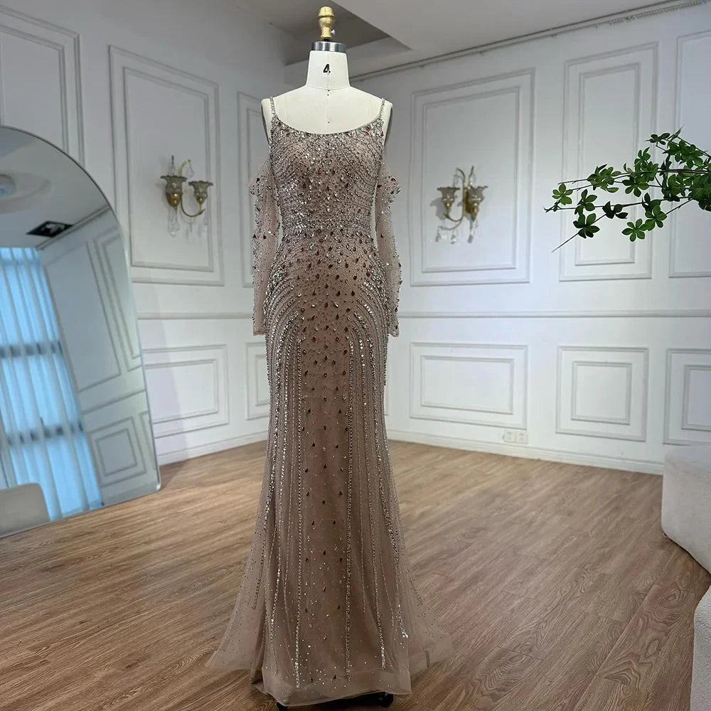 Luxury Nude Navy Blue Silver Beaded Evening Dress with Long Sleeves LA73120