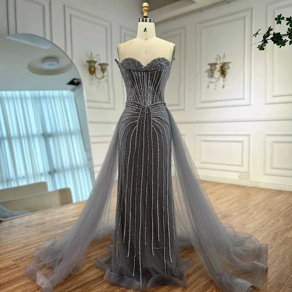 Strapless Pink Pearls Beaded Arabic Mermaid Evening Dress with Overskirt LA72811B