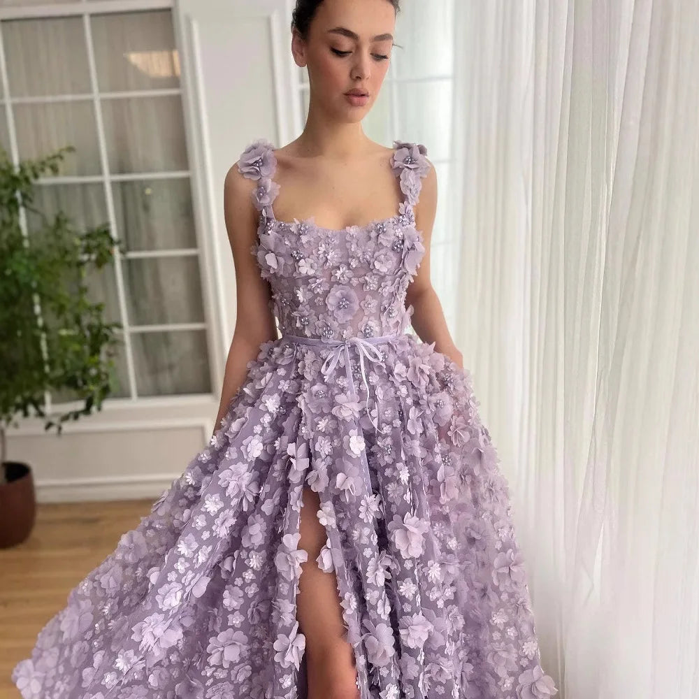 Luxury Lilac 3D Floral Embroidered Split Evening Dress LA72959