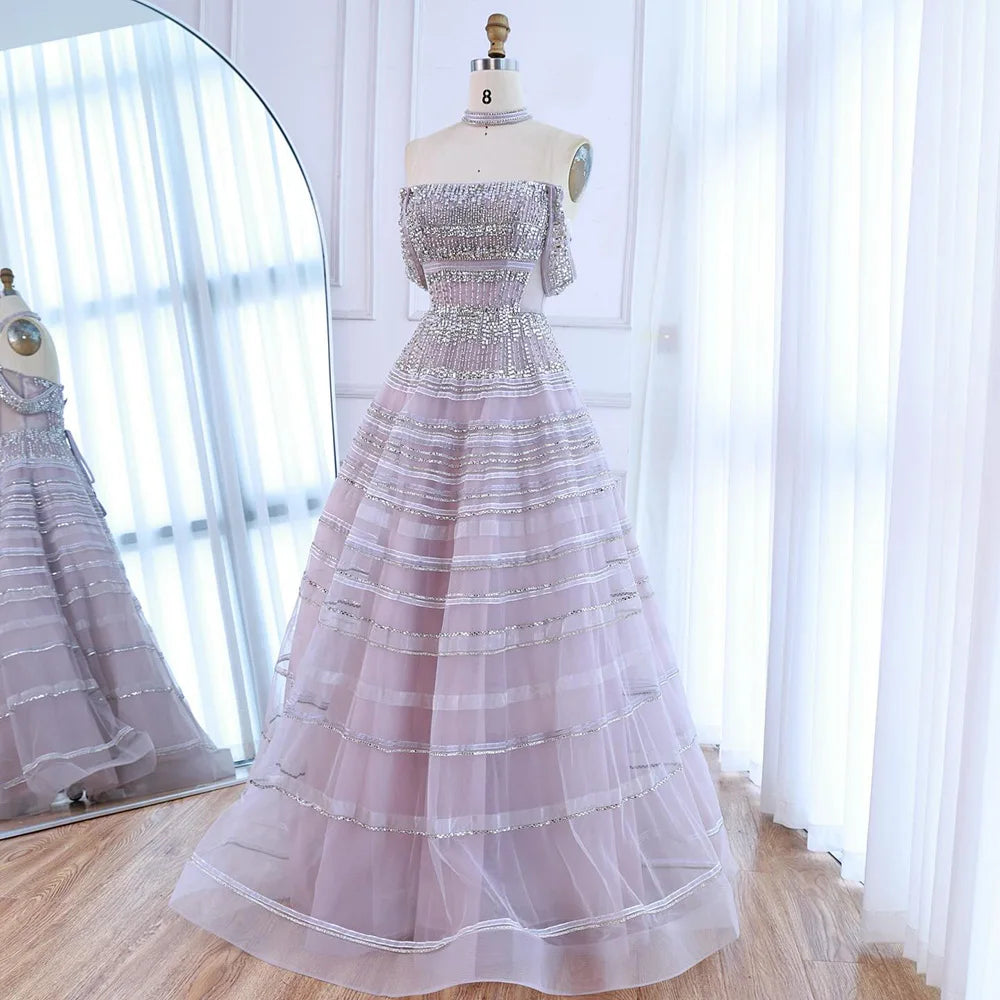 Luxury Pink Off Shoulder A-Line Beaded Evening Dress LA73079