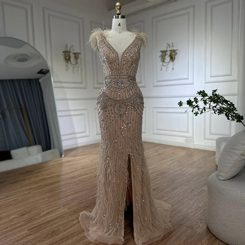 Luxury Dubai Arabic Blue Elegant Split Mermaid Beaded Feathers Long Evening Dresses Gowns for Formal Occasion LA72742