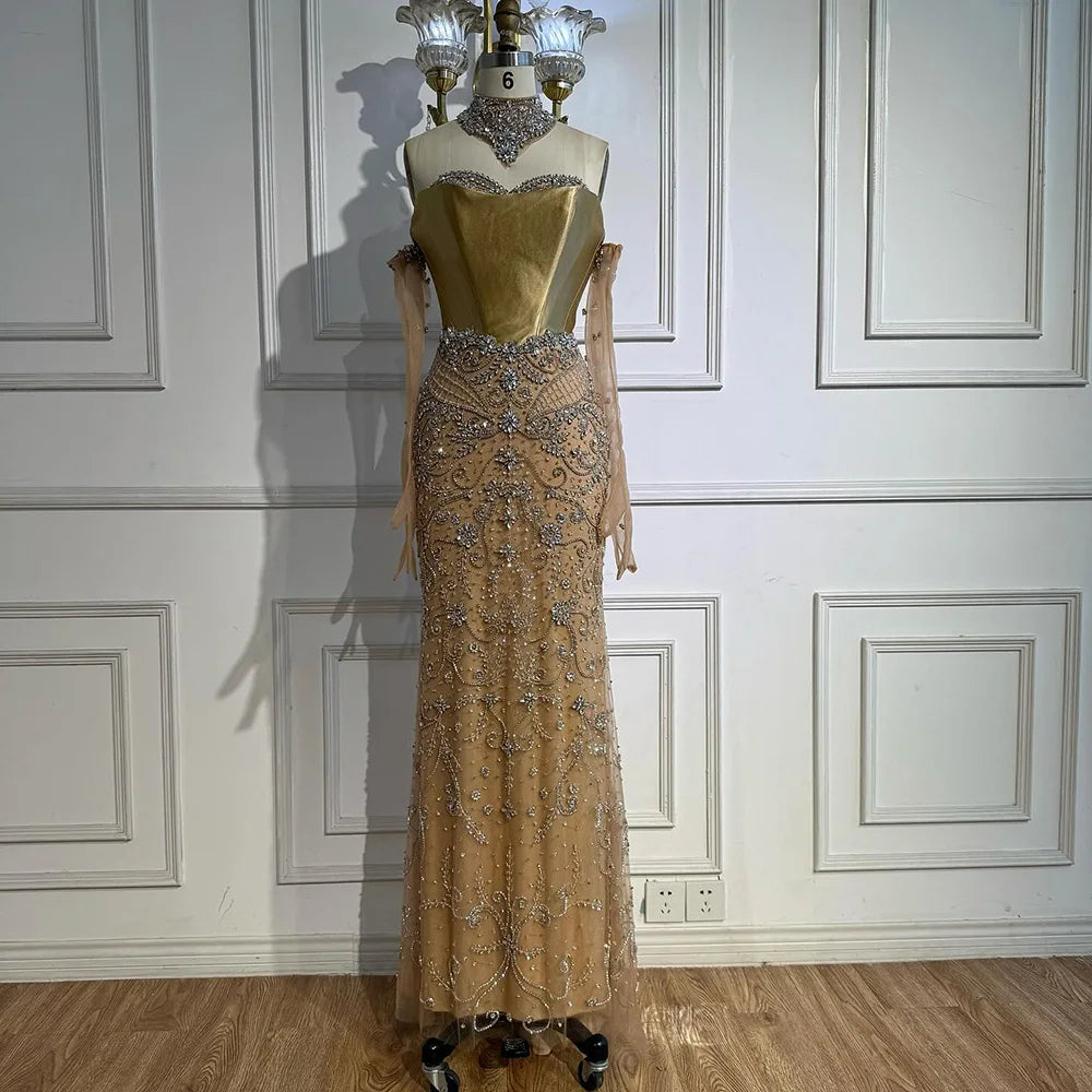 Luxury Beaded Corset Evening Dress Sheer Long Gloves LA72929