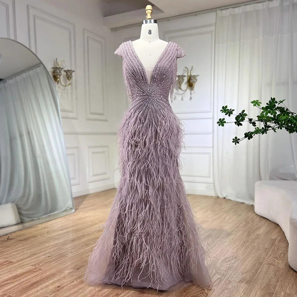 Brown Mermaid Elegant Luxury Beaded Evening Dress Gown with Feathers LA70801