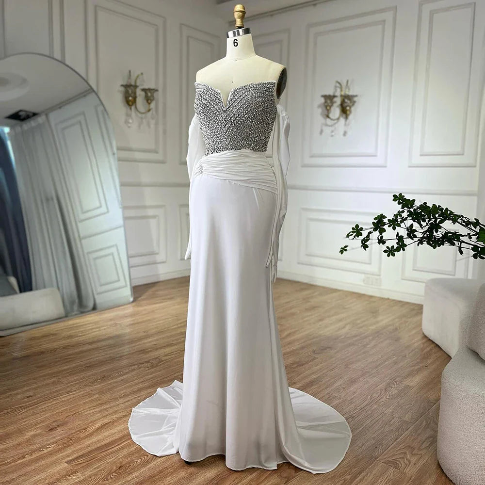 Luxury Dubai Elegant White Arabic Evening Gown with Crystal Beaded Dress and Gloves for Formal Occasion LA72758