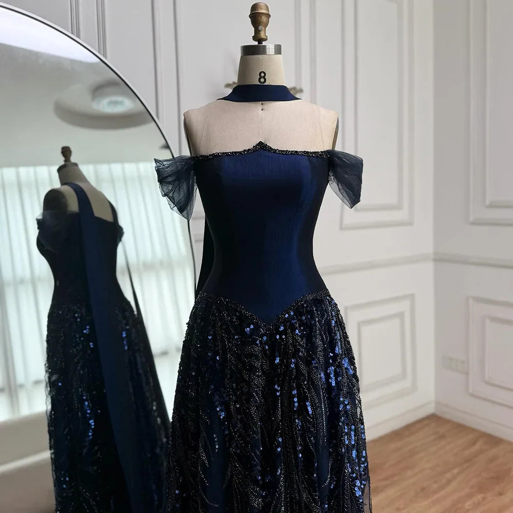 Luxury Arabic Navy A-Line Evening Dress with Beaded LA73050