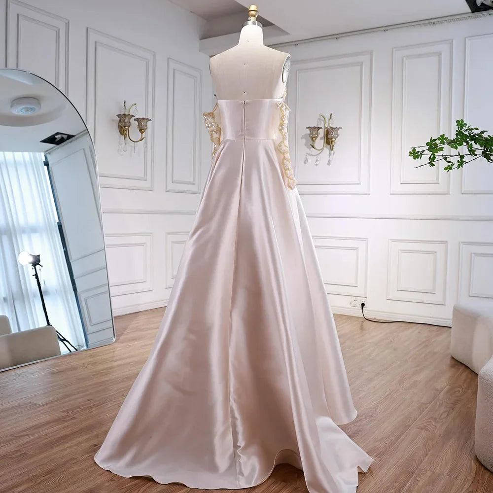 Luxury Chic Arabic Designer Beaded Satin A-Line Evening Dress LA72195B