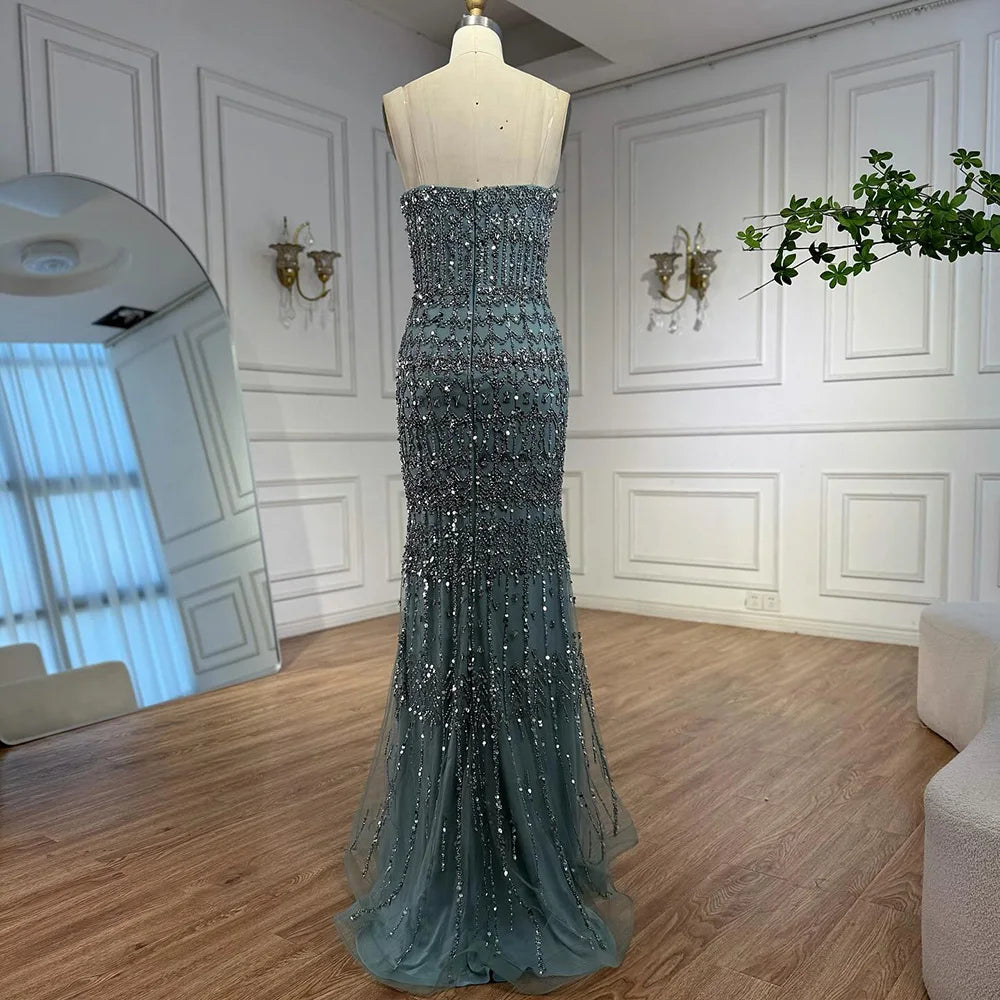 Luxury Turquoise Beaded Evening Dress with Detachable Cape LA72714B