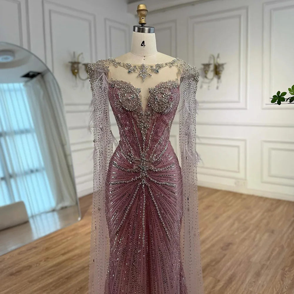 Luxury Pink Beaded Mermaid Evening Dress with Cape LA73106