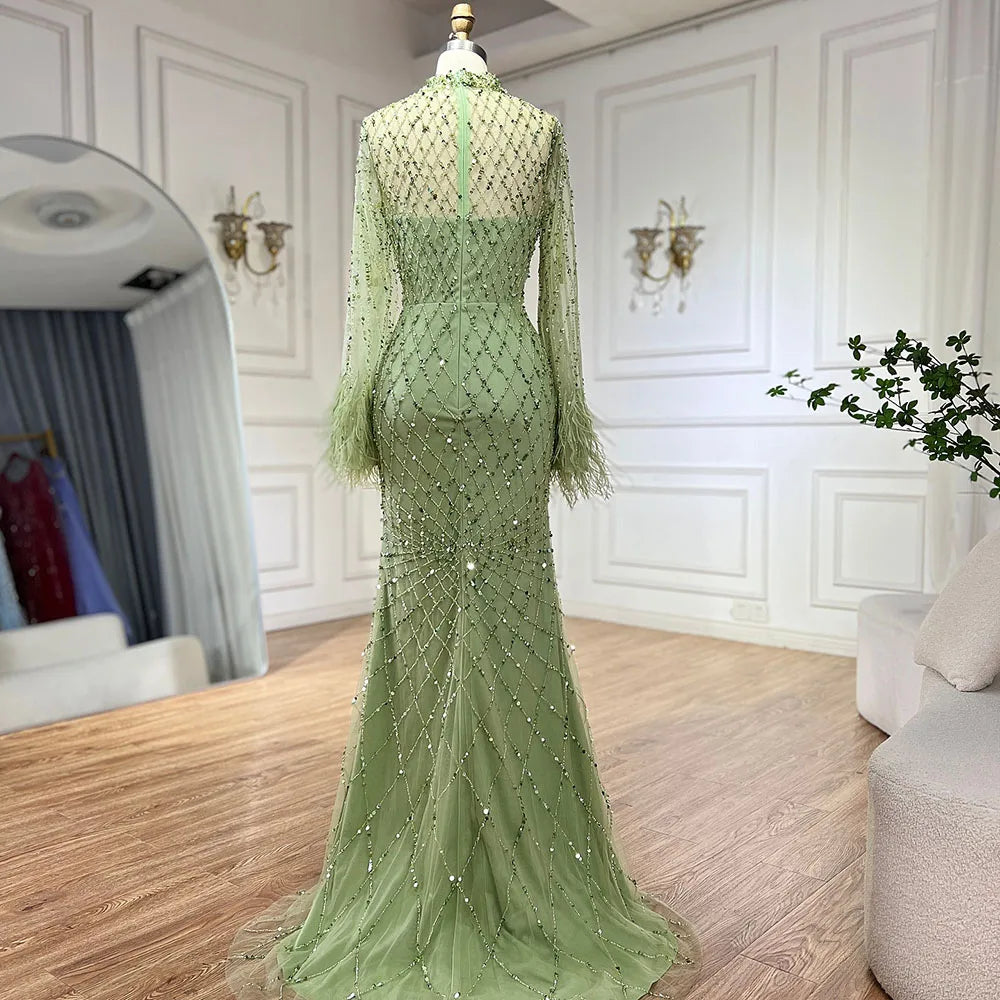 Luxury Dubai Caramel Beaded Feathers Mermaid Evening Dress LA72394A