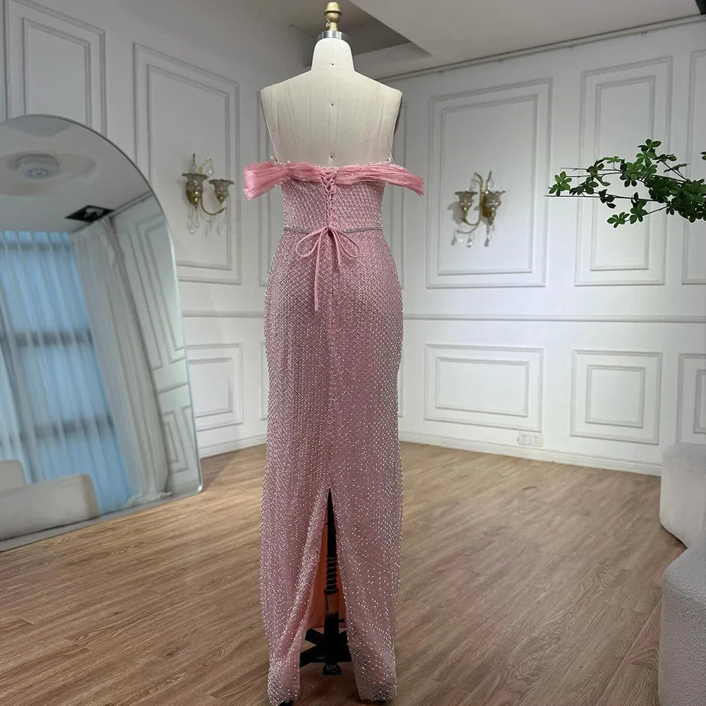 Luxury Pink Off Shoulder Mermaid Evening Dress with Bow LA73058