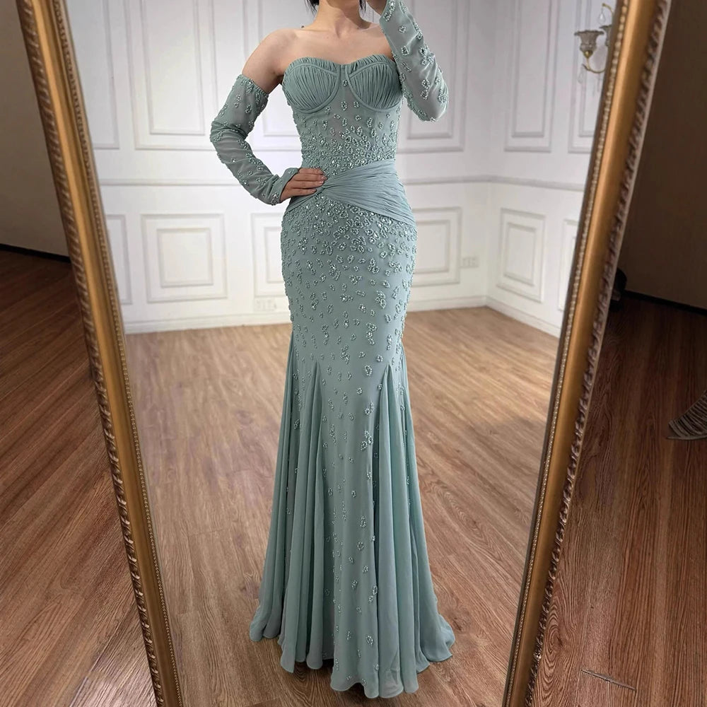 Luxury Turquoise Strapless Beaded Evening Dress with Gloves LA72933