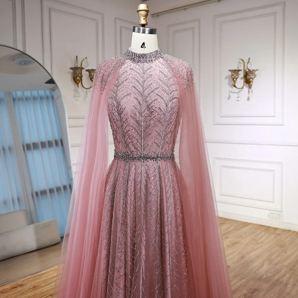 Luxury Elegant Pink Beaded Evening Dress with Cape LA73033
