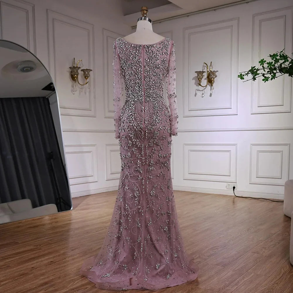 Luxury Nude Beaded Crystal Evening Dress with Long Sleeves LA73042