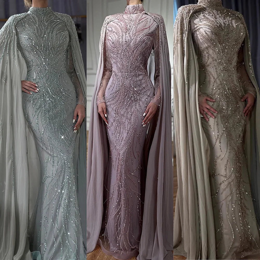 Modest Muslim Sage Green Evening Dress with Cape Long Sleeves LA72413A